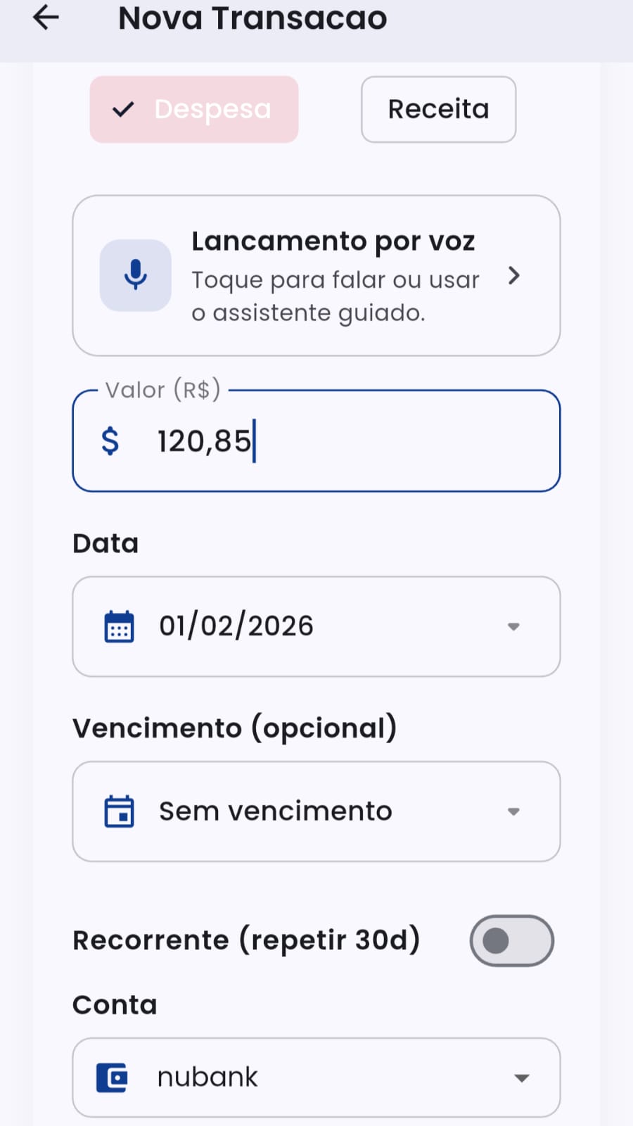 Registro de transação no app